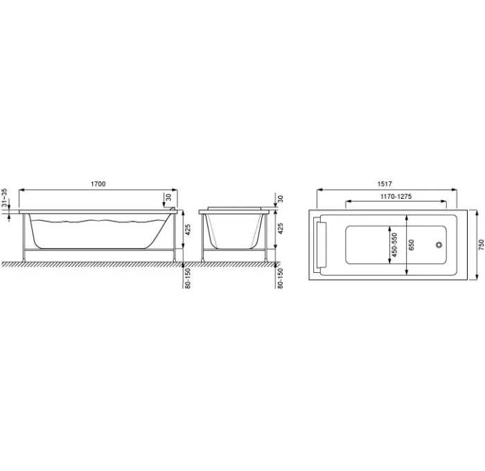 Акриловая ванна jacob delafon spacio 170x75 без антискользящего покрытия e6d161ru 00