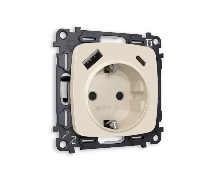 Комплект механизма розетки 2USB A+C 20W (быстрая зарядка) с/з Ambrella Volt Omega MO330010 - фото 1