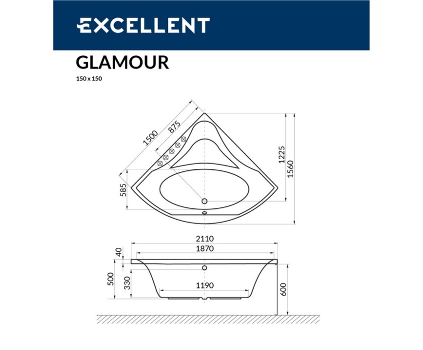 Акриловая ванна Excellent Glamour 150x150 (WAEX.GLA15WH) - фото 8
