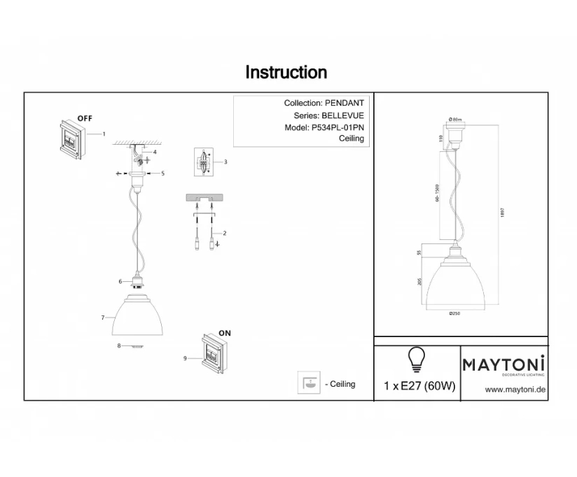 Подвесной светильник Maytoni Bellevue P534PL-01B - фото 4