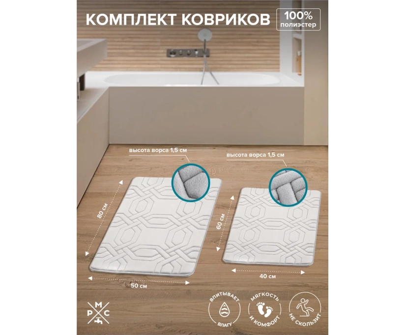 Комплект ковриков для ванной комнаты РМС 50х80 серый (РМС КК-09СС-40х60/50х80) - фото 6